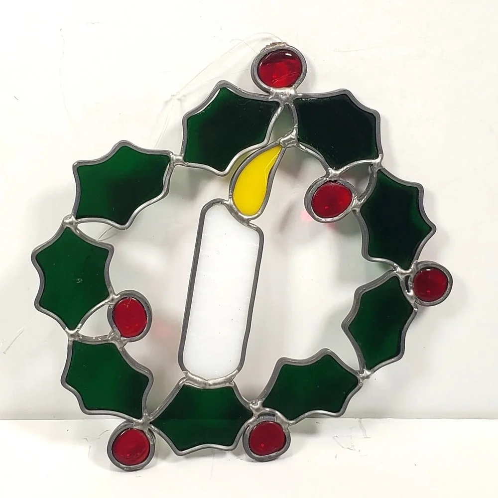 Stained Glass Christmas Candle In Wreath Suncatcher 7 1/2